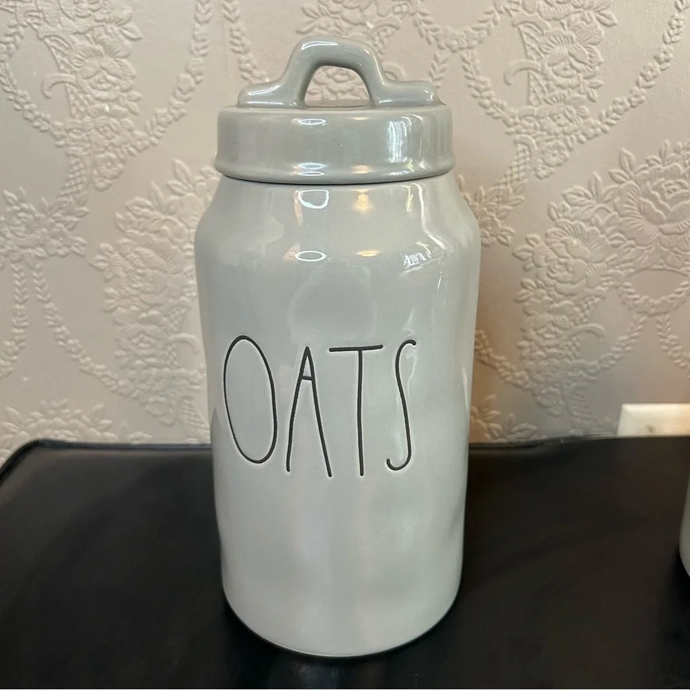Rae Dunn Gray Black oats Canister approx 9.5” high
